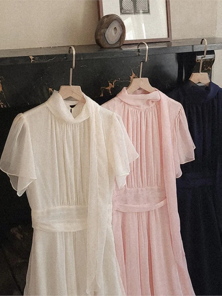 Midi Dresses for Ruffles Half-high Collar A-line Office Lady Korean Autumn Vestidos Mujer New