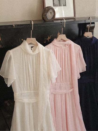 Midi Dresses for Ruffles Half-high Collar A-line Office Lady Korean Autumn Vestidos Mujer New