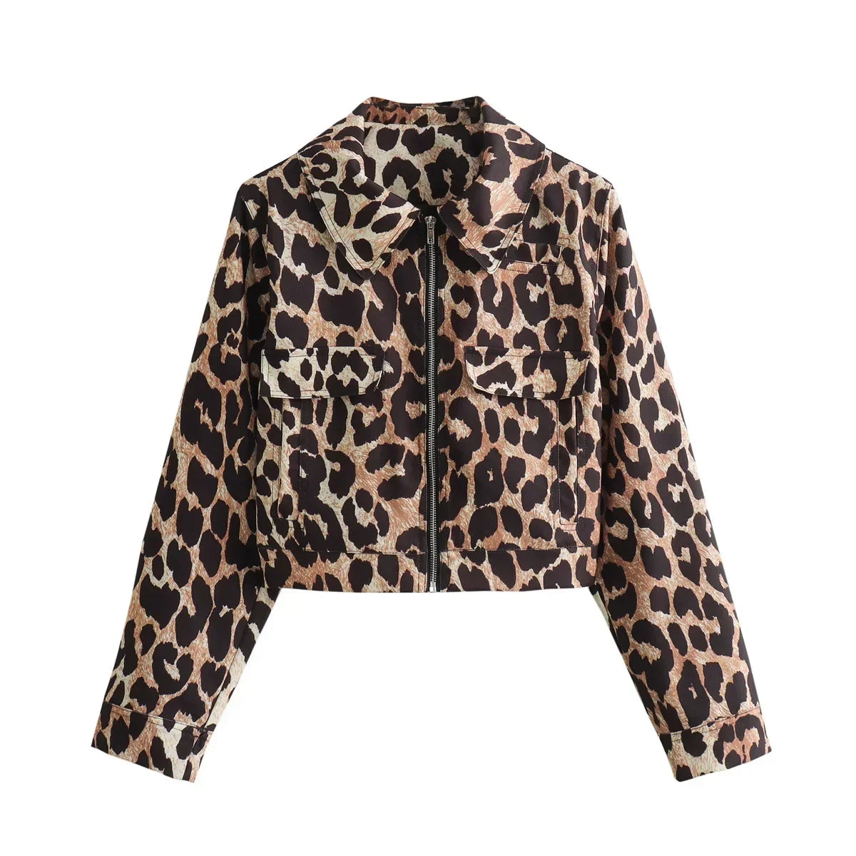 Leopard Print Bomber Jacket Lapel Long Sleeves Zipper Pockets Loose Coat Autumn Lady High Streetwewar