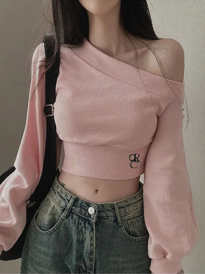 ��s Top Tees Long Sleeve Simple Skew Collar One-shoulder Comfortable Blouses Causal