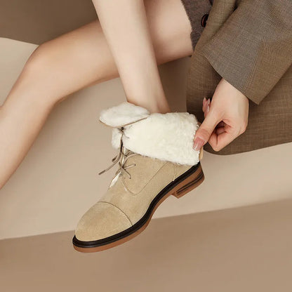 Autumn Winter Ankle Boots Office Genuine Leather Wool Low Heels Comfortable Shoes Woman