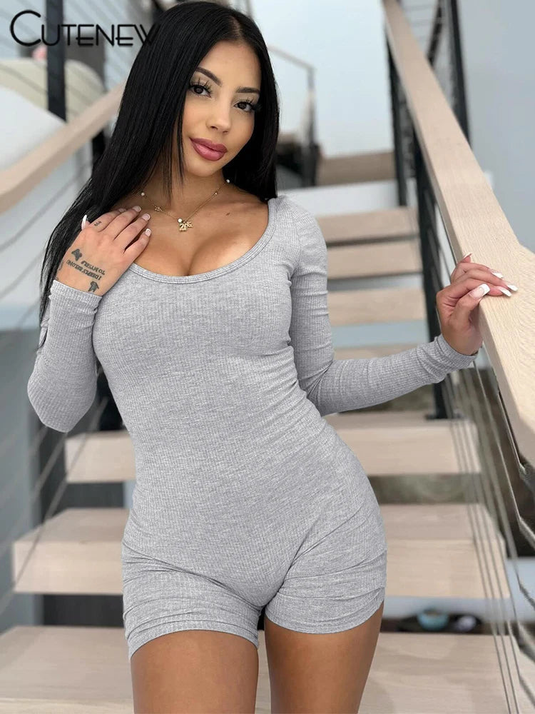 Ribbed Playsuits Autumn Full Sleeve Crew Neck Stretch Slim Rompers Female Gym Track One Piece