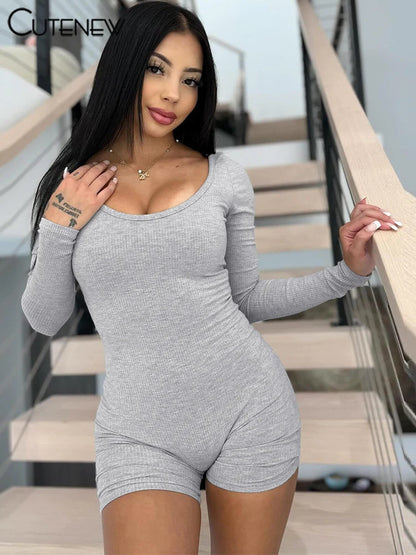Ribbed Playsuits Autumn Full Sleeve Crew Neck Stretch Slim Rompers Female Gym Track One Piece