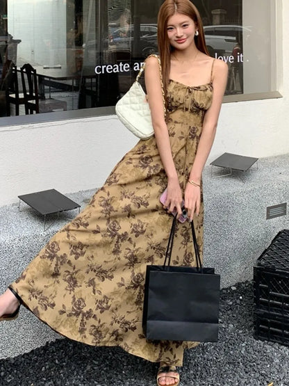 French Printed Midi Dresses for Spaghetti Strap Corset Slim A-line Summer New One Piece Vestido Mujer