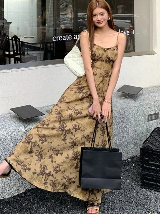 French Printed Midi Dresses for Spaghetti Strap Corset Slim A-line Summer New One Piece Vestido Mujer