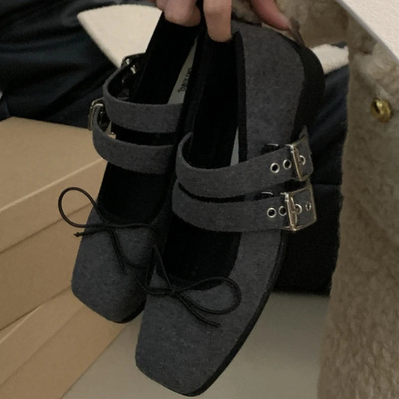 Simple Soft Bottom Buckle Flat Mary Jane Shoes Comfortable Bowknot Square Toe Designer Shoes Backless Loafer Shoes