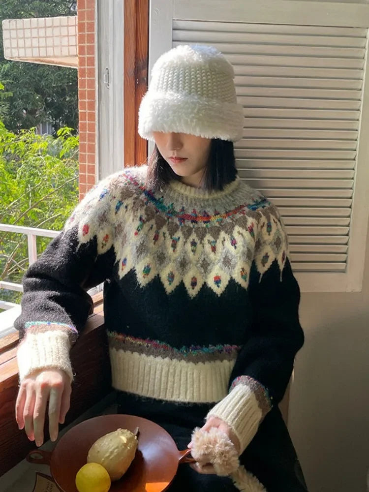 Argyle Knit ‘s Sweaters Harajuku Rainbow Color Long Sleeve Pullovers Japan Style Cutecore Winter Clothes