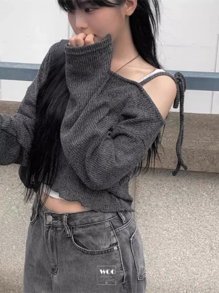 Simple Lace Up Knitted Pullover Spring Autumn New Long Sleeve Sweaters Mujer Off Shoulder Tops