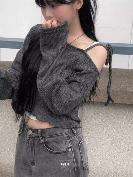 Simple Lace Up Knitted Pullover Spring Autumn New Long Sleeve Sweaters Mujer Off Shoulder Tops