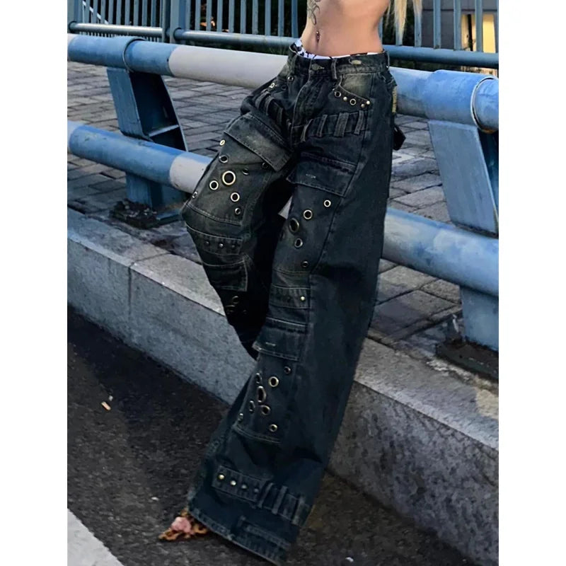 Blue High Waist Jeans Color Contrast American Wide Leg Jean Female Trouser Baggy Denim Pants