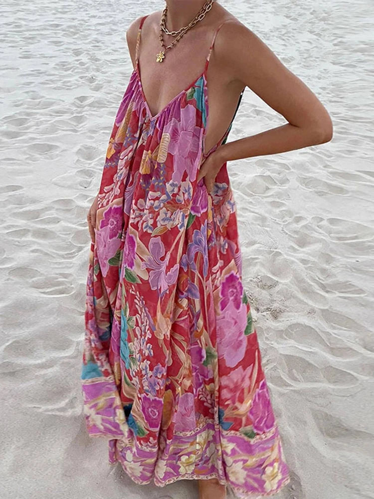 Loose Printed V-neck Sling Dresses Retro Printing Sleeveless Backless Long Dress Female Spring Street Beach Holiday