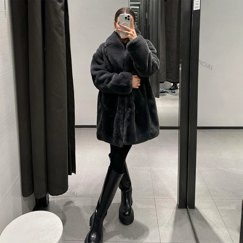Winter Faux Rabbit Fur Coat Brand Designer Thick Warm Outerwear Jacket Fur Collar Classic Dark Gray Overcoat