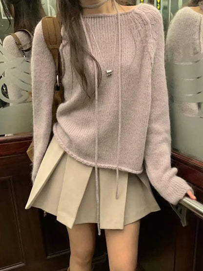 Knitted O-neck Sweaters Korean Loose Pullover Sweater With Thin Strip Female Autumn Street Base Knitwear