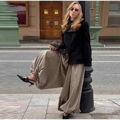 Autumn Print Trousers Elastic Waist Foot Binding Dropped Pants Wide Leg Pleated Lady Patchwork New