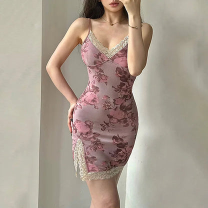 Printed Split Bodycon Dress Slim Lace Trim Vneck Sleeveless Mini Dresses for Summer