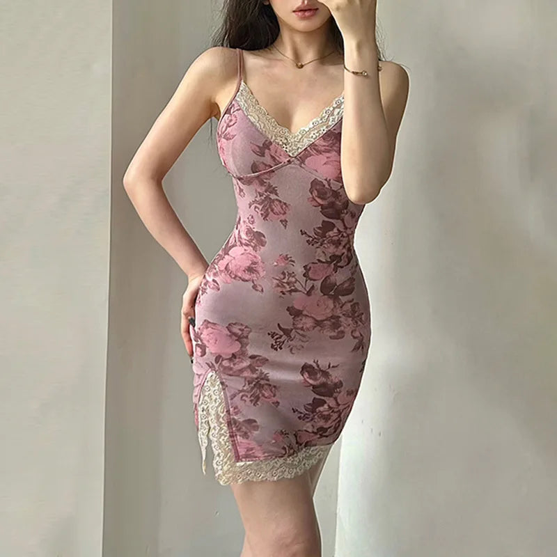 Printed Split Bodycon Dress Slim Lace Trim Vneck Sleeveless Mini Dresses for Summer