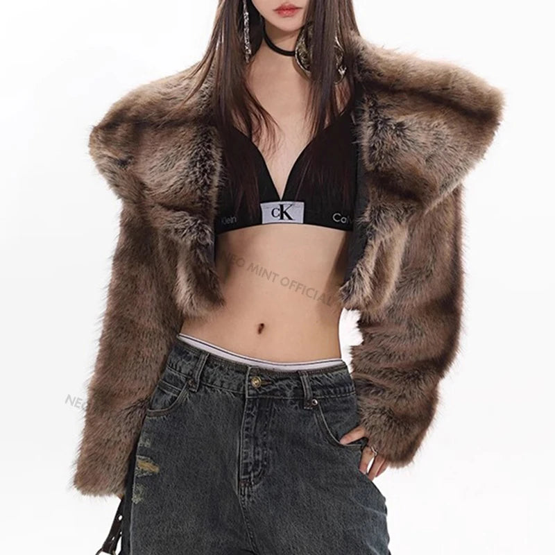 Retro Stripped Short Faux Fur Coat Winter Y3k Cropped Big Fur Collar Fox Fur Jacket