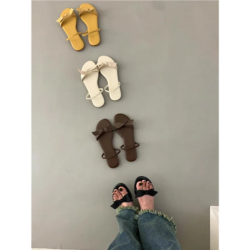 Flat Shoes Female Low Woman's Slippers Slides Butterflyknot Designer Rome Butterflyknot Rubber Retro Scandals Pu H