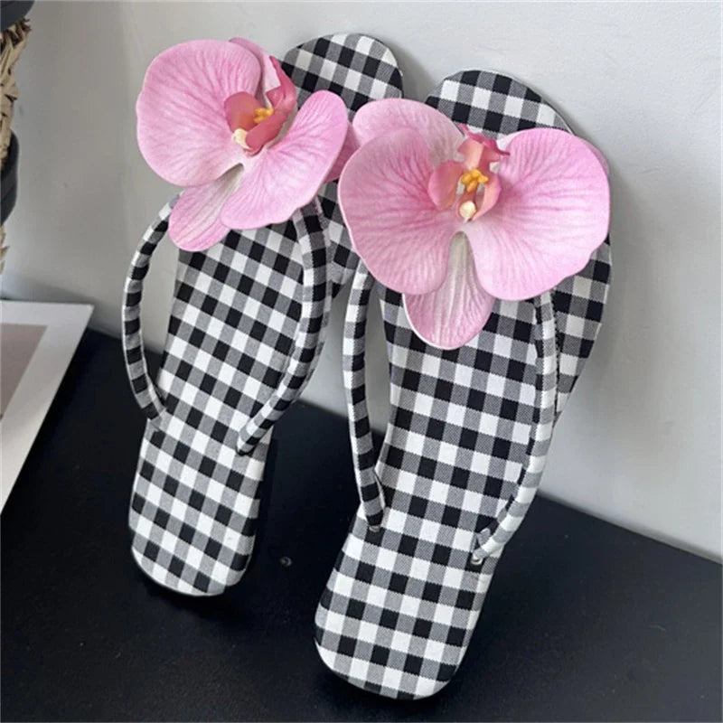 Summer Design Flower Geometric Clip Toe Low Flat Heels Slippers Flip Flops Party Shoes