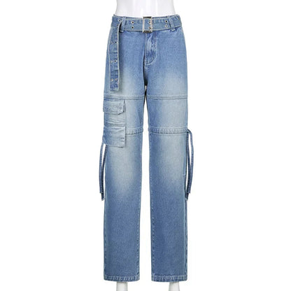 Y2k Street Retro Jeans Midiwaist Belt Drawstring Straight Pants Patchwork Style