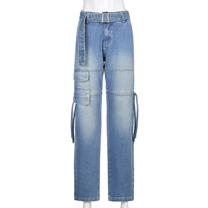 Y2k Street Retro Jeans Midiwaist Belt Drawstring Straight Pants Patchwork Style