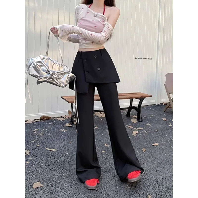 Fake Twopiece Multibutton Color Wide Leg Pants Autumn New High Waist Skirt Stitching Loose Pants