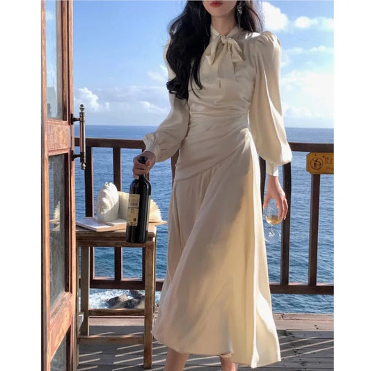 Stain Midi Dresses for Long Sleeve Oneck Bow Tie Aline Korean Vestidos Folded Design Party Prom New