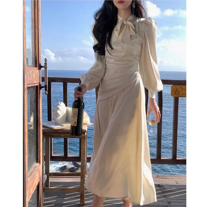 Stain Midi Dresses for Long Sleeve Oneck Bow Tie Aline Korean Vestidos Folded Design Party Prom