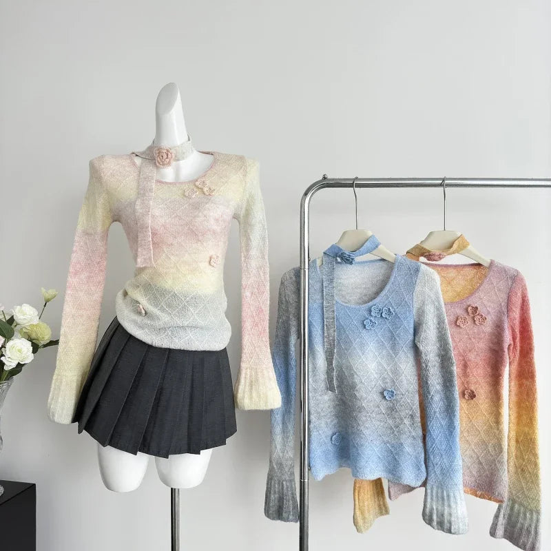 Sweet Hot Girl Gradient Slim Fit Sweater for Spring and Autumn Flower Oneck Knitted Pullover Female Clothes