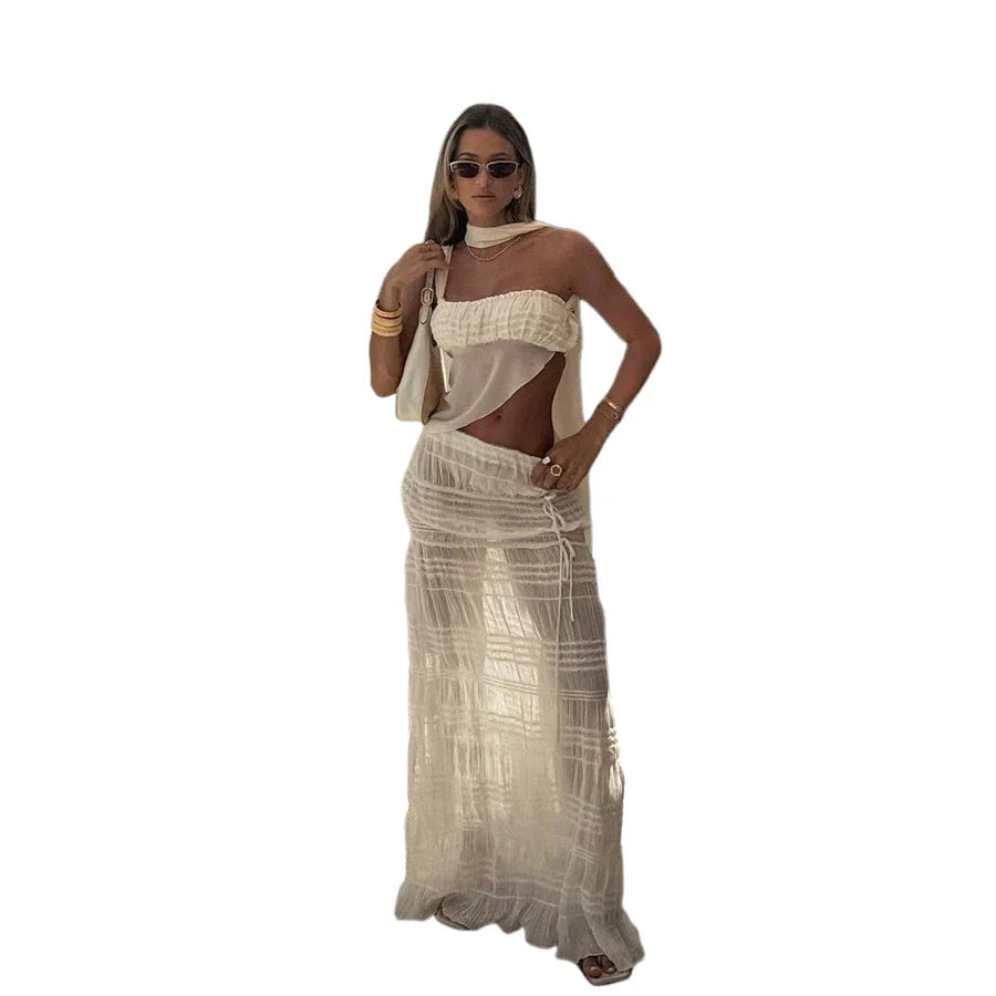 Beach Party Two-piece Set See Through Scarf Mini Wrap Top Mesh Irregular Hem+multi-pleated Bottoms Matching Suits