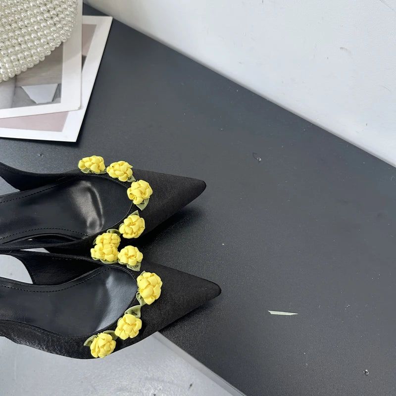 Pink High Heels Pointed Toe Slingback Shoes Summer Small Flower Low Heel Office Shoes Black Pumps White Talons Femme