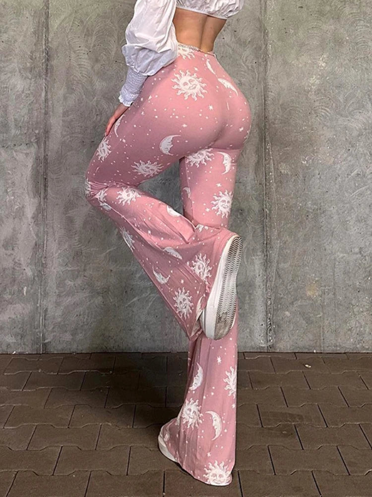 Summer Pink Pants Slim Printed Long Flared Pants Low-rise Patchwork Abstract Y2k Pants