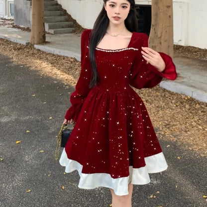 Autumn Shiny Velvet Midi Dresses for Long Sleeve Square Collar Oversize Ruffles Patchwork Christmas Party Dress Vestidos