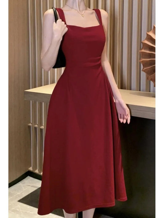 Summer Midi Dress Spaghetti Strap Square Collar High Waist Slim Evening Party Dresses Prom Robe Vestido New