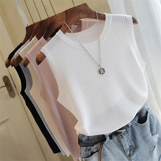 Summer Sleeveless Blouse O-neck Knitted Blouse Shirt Clothes Tops Df4903