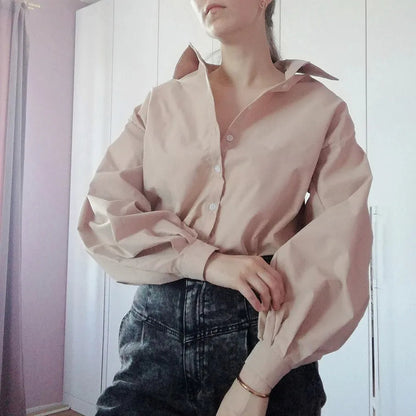 Autumn Lantern Long Sleeve Blouse Shirt Basic Top Turn Down Collar Office Lady White Shirt Tops Blusas