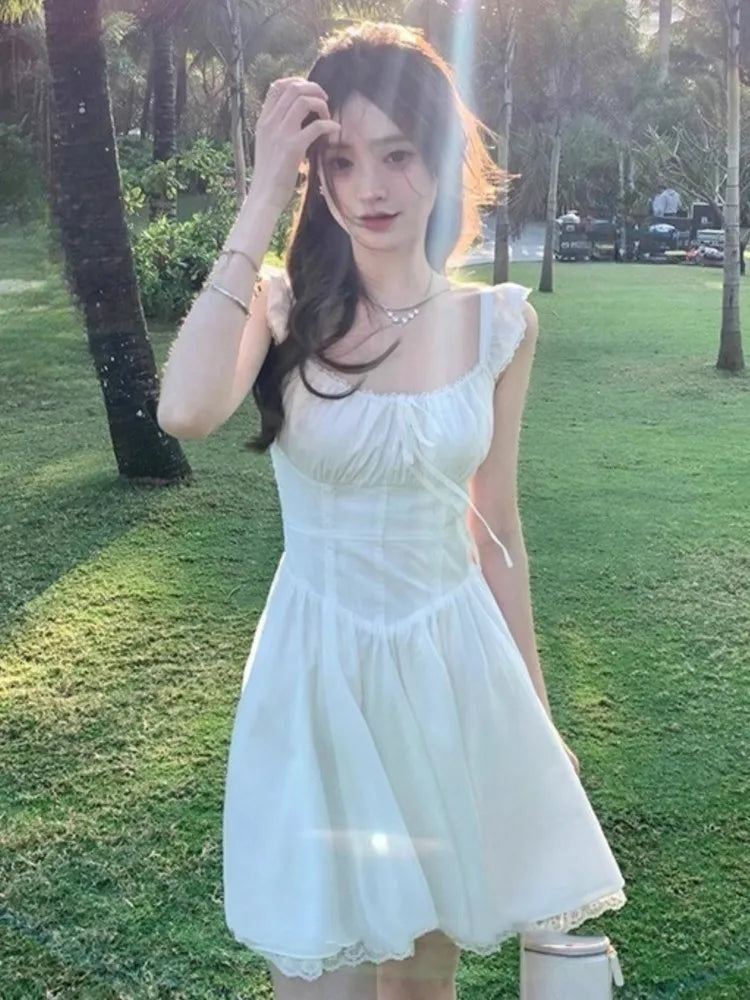 Sweet White Mini Dress Square Collar Sleeveless Laceup Birthday Party Dresses Summer Aline Short Vestidos