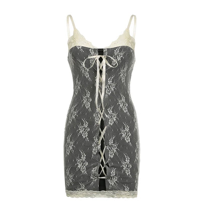 Crochet Lace Patchwork Mini Dress Sleeveless Bodycon Dresses Party Robe Coquette Y2k