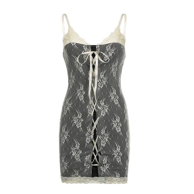 Crochet Lace Patchwork Mini Dress Sleeveless Bodycon Dresses Party Robe Coquette Y2k