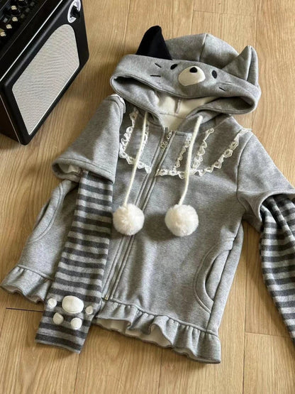 Autumn Winter Japanese Style Hooded Sweatshirt Sweet Kawaii Patchwork Fake Two Piece Jacket Y2k Long Sleeve Coats