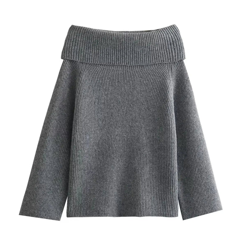 Simple Knitted Sweater for Woman Slash Neck Long Sleeve Loose Pullover Autumn Basic Jumper