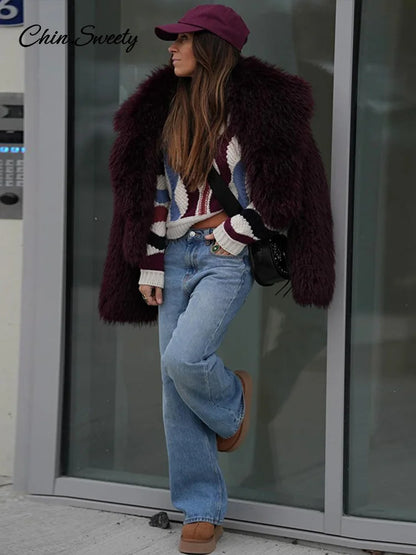 Faux Fur Coat Fluffy Lapel Loose Long Sleeve Burgundy Red Cropped Jacket Female Winter High Street Outwear