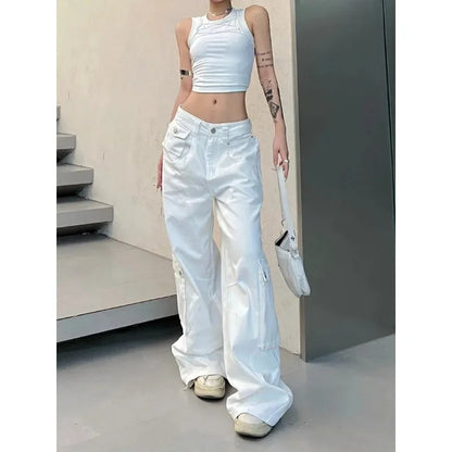 Baggy Cargo Jeans Woman Korean Harajuku Wide Leg Denim Pants Basic White Trousers