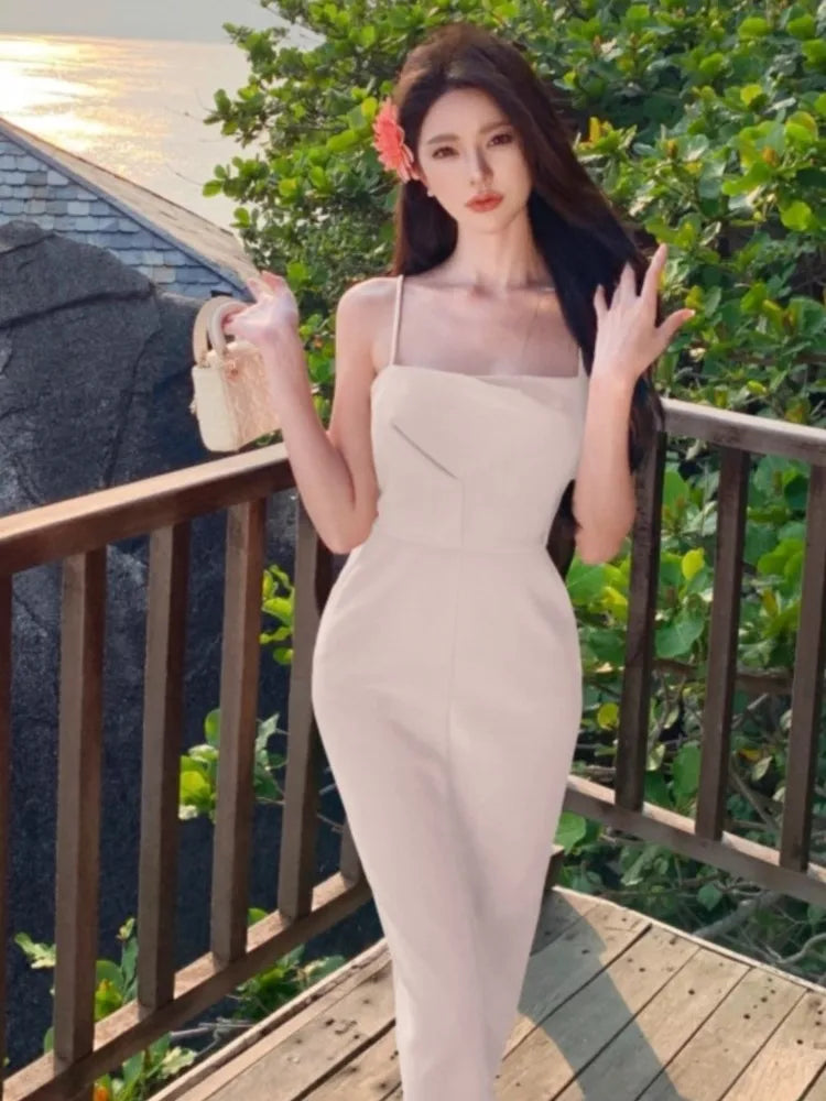 New Midi Dress Summer Spaghetti Strap Pleated Bodycon Party Slim One Piece Clothes Vestidos