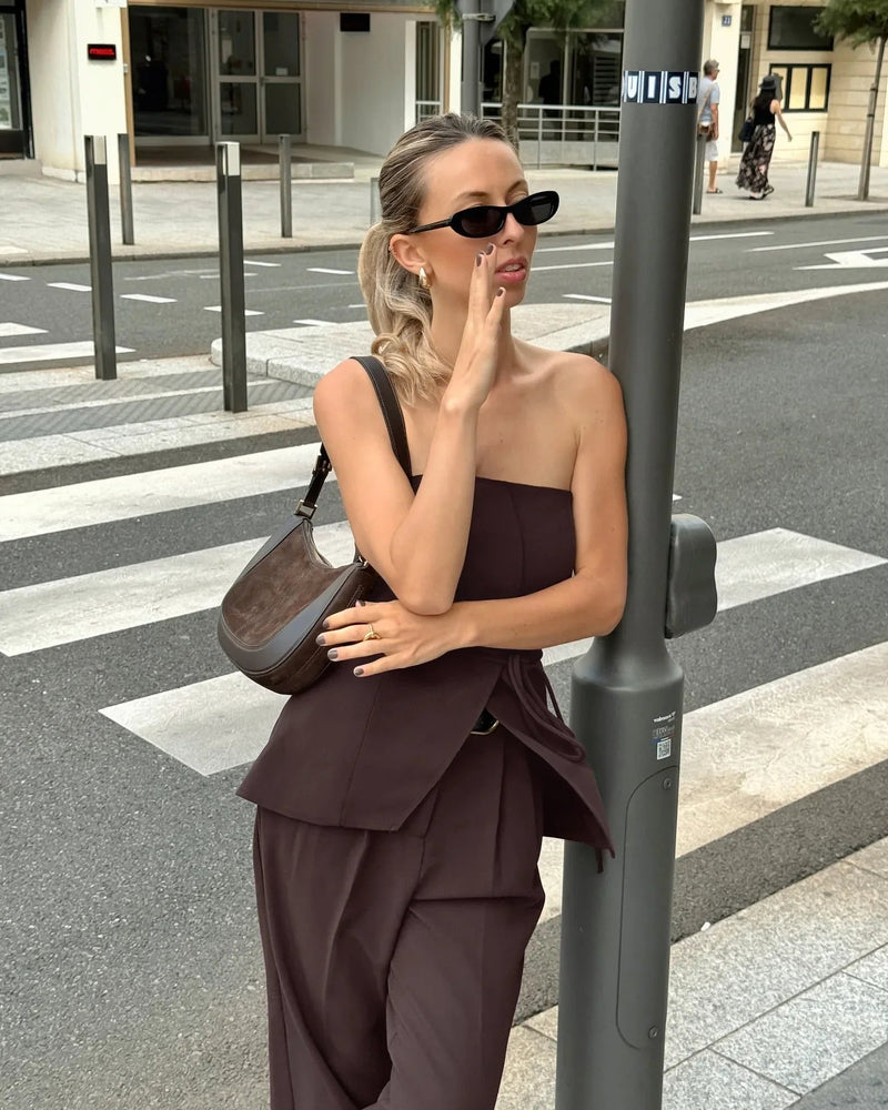 Pants Sets Summer Off Shoulder Lace-up Tube Top+wide Leg Trouser New Simple 2 Piece Set