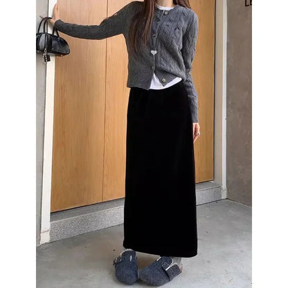Velvet Black Aline Skirt Spring New High Waist Loose All Match Split Midlength Skirt