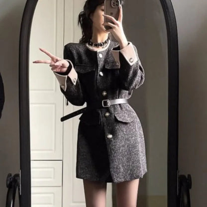 Autumn Winter Mini Dresses for With Belt Turn-down Collar Patchwork O-neck Korean Blazer Dress Vestidos