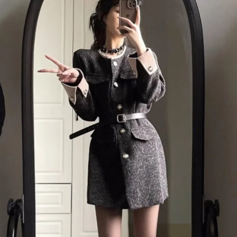 Autumn Winter Mini Dresses for With Belt Turn-down Collar Patchwork O-neck Korean Blazer Dress Vestidos