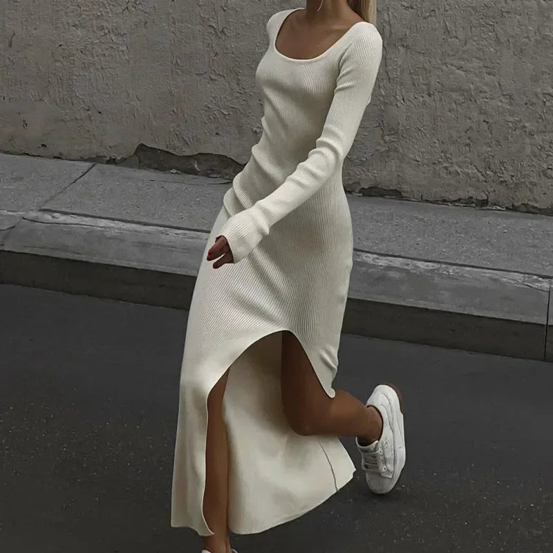 Square Neck Split Knitted Sweater Dress Long Sleeve Dress Slim Highwaist Dresses