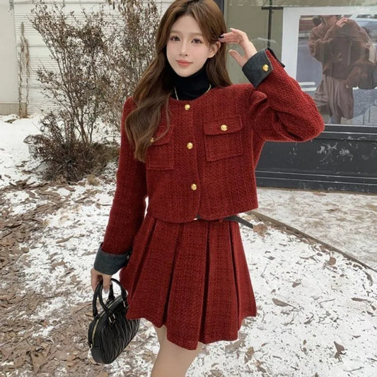 Autumn Winter New Red Tweed Two-piece Skirt Set Short Jacket Coat Pleated Mini Skirt Korean Female Outfits